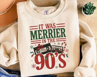 It Was Merrier In The 90s Sweatshirt, Retro Christmas VHS Graphic Tee, Retro Holiday T-Shirt, Nostalgic 90s Christmas Hoodie, Merry Xmas Tee