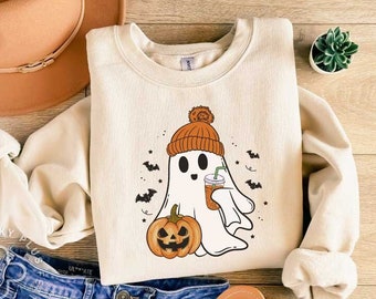 Cute Ghost Sweatshirt, Halloween Cute Ghost Sweatshirt, Pumpkin and Ghost Sweater, Halloween Coffee and Ghost Sweatshirt,Halloween Ghost Tee