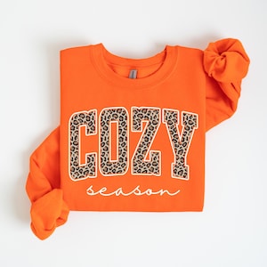 Pu&ograve; includere: Felpa arancione con la scritta "COZY" a lettere leopardate. La parola "season" &egrave; scritta in corsivo sotto. Le maniche sono piegate. Lo sfondo &egrave; bianco.