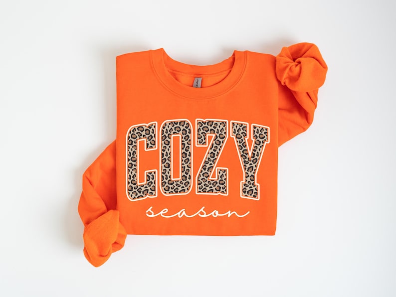 Pu&ograve; includere: Felpa arancione con la scritta "COZY" a lettere leopardate. La parola "season" &egrave; scritta in corsivo sotto. Le maniche sono piegate. Lo sfondo &egrave; bianco.