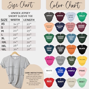 May include: Size chart for unisex short sleeve t-shirts with width and length measurements in inches. Color chart with 24 different color options for the t-shirts.