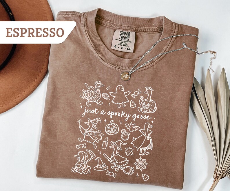 May include: Espresso-colored t-shirt with a white graphic of Halloween-themed geese and the phrase "just a spooky goose." The shirt has a crew neck and short sleeves. A silver necklace with a pendant is draped across the shirt.