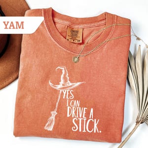 May include: A coral-colored t-shirt with a white graphic of a witch's hat and broom, and the text "Yes I Can Drive A Stick." A gold necklace with a pendant is draped across the shirt. A brown hat is visible in the upper left corner.