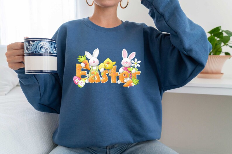 May include: A blue sweatshirt with a graphic of two bunnies and a chick with the word "Easter" in orange letters.