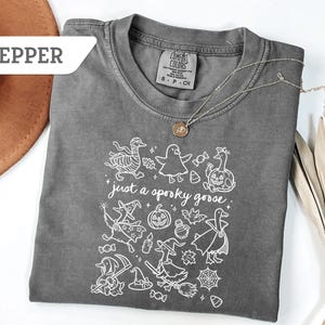 May include: Pepper-colored Comfort Colors t-shirt with a white graphic that says "just a spooky goose." The graphic features Halloween-themed illustrations of geese, pumpkins, and witch hats. A silver necklace with a pendant is on the shirt.