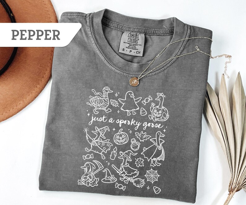 May include: Pepper-colored Comfort Colors t-shirt with a white graphic that says "just a spooky goose." The graphic features Halloween-themed illustrations of geese, pumpkins, and witch hats. A silver necklace with a pendant is on the shirt.