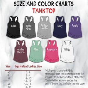 May include: A size and color chart for tank tops, featuring various colors like black, dark grey, and raspberry. The chart includes size equivalents and measurement details, with text that reads "SIZE AND COLOR CHARTS TANKTOP".