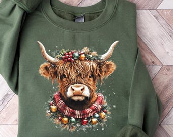 Christmas Cow Sweatshirt, Cow Lights Sweater, Cow Women Sweatshirt, Cow Lover Shirt, Christmas Sweatshirt, Highland Cow Crewneck, Farm Xmas