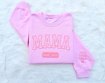Pink Puff Mama Sweatshirt with Kids Names | Embossed Lettering | Personalized Mama Sweater | Gift for Mom