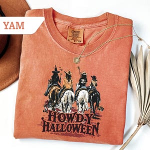 May include: A coral-coloured t-shirt with a graphic of four figures riding horses, and the text "HOWDY HALLOWEEN" in a Western-style font. The shirt has a crew neck and short sleeves. A gold necklace with a pendant is draped on the shirt.