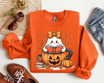 Bookish Ghost Halloween Sweatshirt, Coffee and Books Tshirt,Spooky Season Tee, Cute Ghost Reader T-Shirt, Fall Book Lover Gift, Teacher Tee