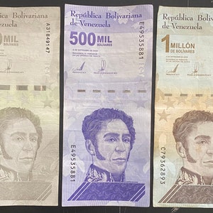 3 Venezuela (1)- 200.000 (1) - 500.000 (1) -Eine Million Bolivar Soberano Umlaufbanknoten 2020. Verschiedene Seriennummern.