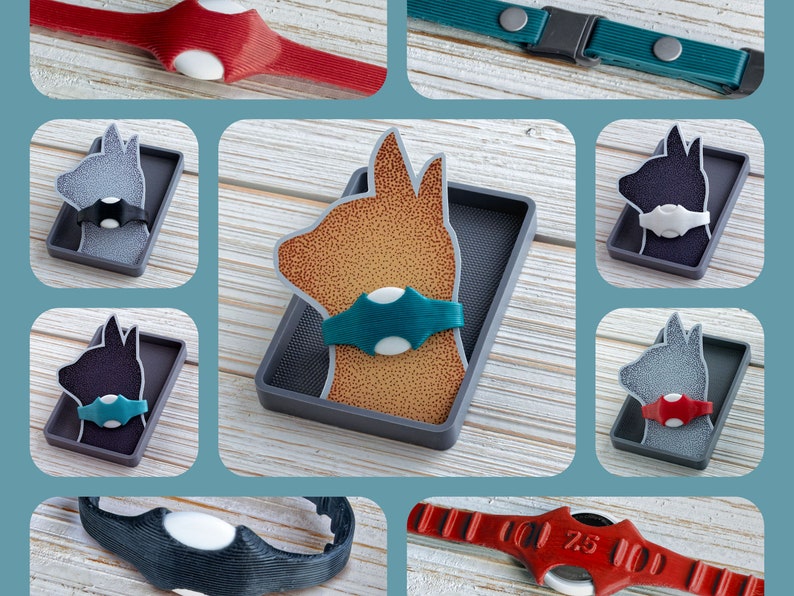 May include: A set of colorful dog collars with different designs. The collars are made of a soft, flexible material and feature a variety of colors and patterns. The collars are also adjustable to fit different neck sizes.