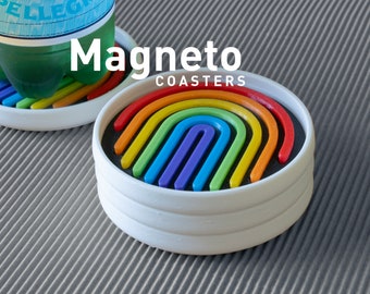 Magneto Coaster Set, w/a Magnetic Stacking Design. Rainbow Coaster Set,  wedding or housewarming gift w/a pop of art & design for the home.
