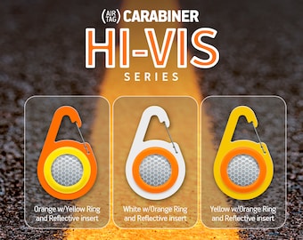 May include: Three AirTag Carabiner Hi-Vis Series keychains with reflective inserts. The keychains are orange, white, and yellow with orange rings. The text on the image reads "(AirTag) Carabiner Hi-Vis Series".