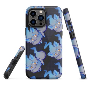May include: A black phone case featuring a repeating pattern of a cartoonish blue and gray creature with orange eyes. The case is shown from multiple angles, highlighting the design on the sides and back.