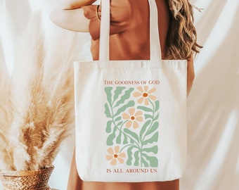 Boho Floral Christian Tote Bag, Bible Bag for Church, Religious Cotton Reusable Bag, Eco-Friendly Grocery Bag, Library Book Bag for Mom