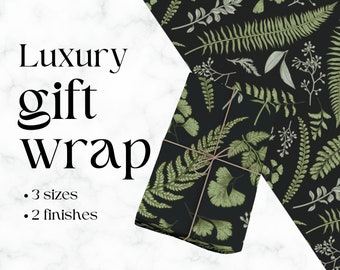 Luxury Black Cottagecore Fern Wrapping Paper, Forest Wrapping Paper Roll, Satin Green Gift Wrap, Matte Finish Wrapping Paper, Floral Paper