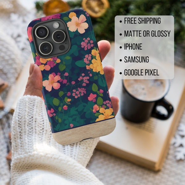 Phone Case Dark Floral Personalized, Apple iPhone, Samsung Galaxy, and Google Pixel, Custom Faux Wood Phone Case, Cute Floral Case for Women