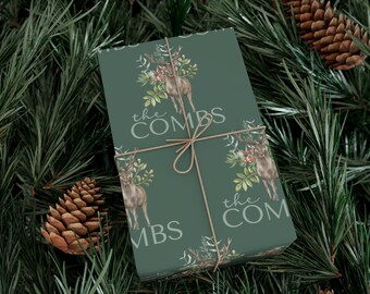 Forest Green Personalized Wrapping Paper Christmas Deer Personalized Gift Wrap Custom Gift Wrap Holiday Buck, Family Name Custom Gift Wrap