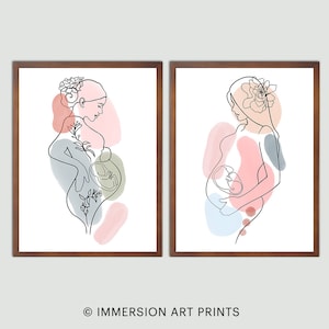 Set de 2 impresiones, arte mural, arte lineal del embarazo, impresión del embarazo, arte de la línea de la mujer embarazada, impresión del embarazo, ilustración de la madre, arte de acuarela