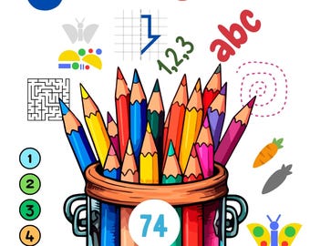May include: A colorful illustration of a jar filled with colored pencils. The jar has a label that says "74 Übungsblätter". The image also includes various other illustrations, such as a butterfly, a maze, a carrot, and a turtle.