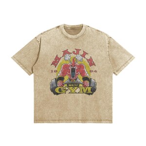 Majin Gym T Shirt Anime Fitness Tee | Manga Inspired Vintage Washed Shirt | Anime Workout Streetwear | Unisex Gift Khaki