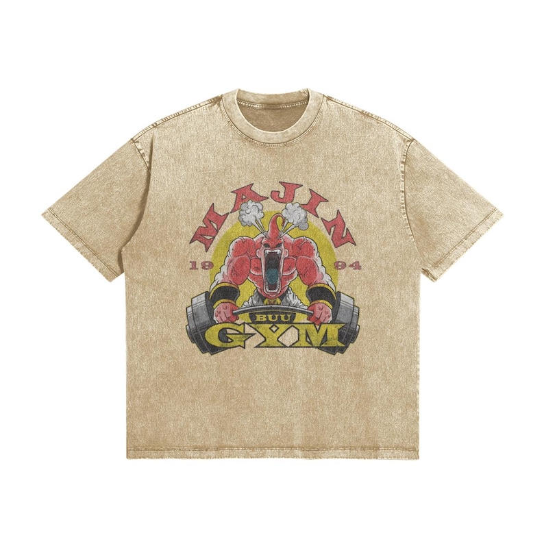 Majin Gym T Shirt Anime Fitness Tee | Manga Inspired Vintage Washed Shirt | Anime Workout Streetwear | Unisex Gift Khaki
