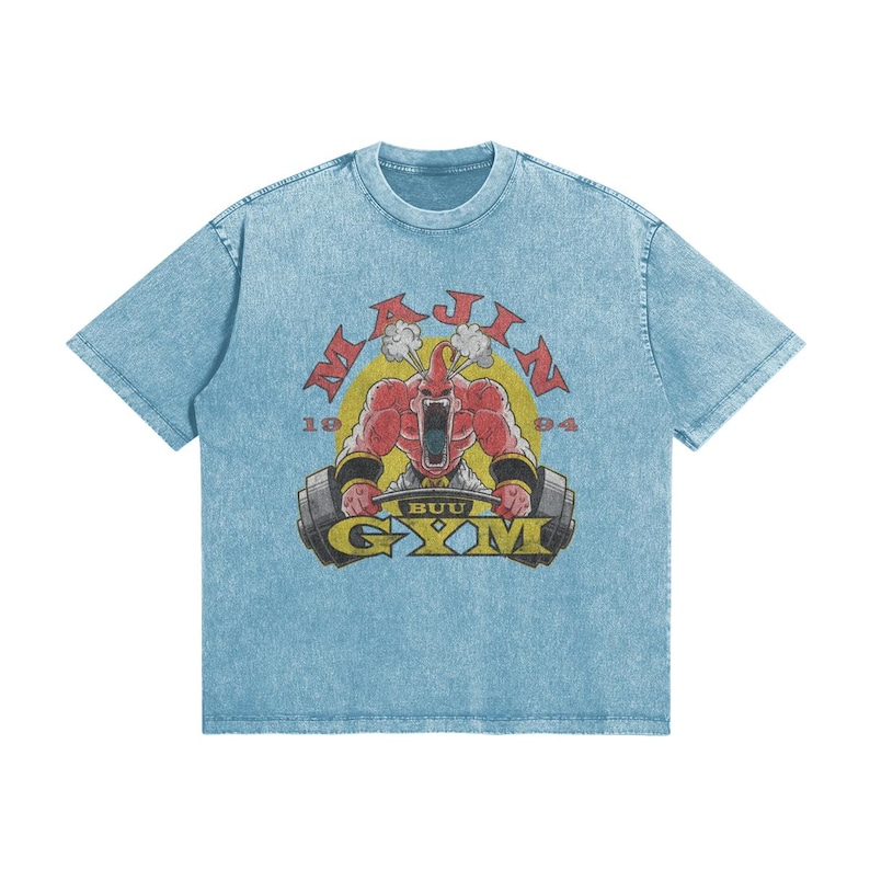 Majin Gym T Shirt Anime Fitness Tee | Manga Inspired Vintage Washed Shirt | Anime Workout Streetwear | Unisex Gift Pastel Blue