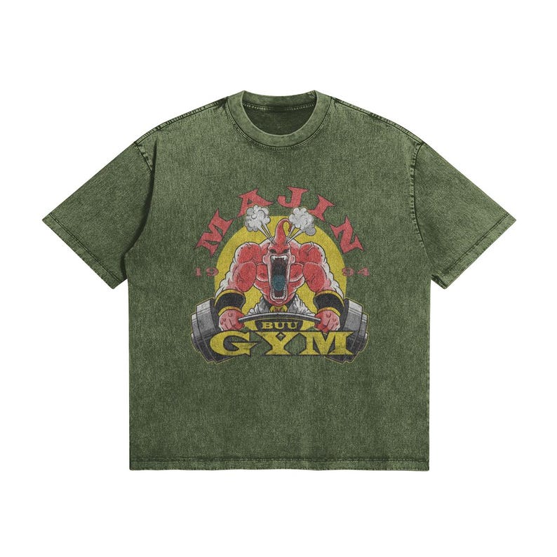 Majin Gym T Shirt Anime Fitness Tee | Manga Inspired Vintage Washed Shirt | Anime Workout Streetwear | Unisex Gift Rifle Green