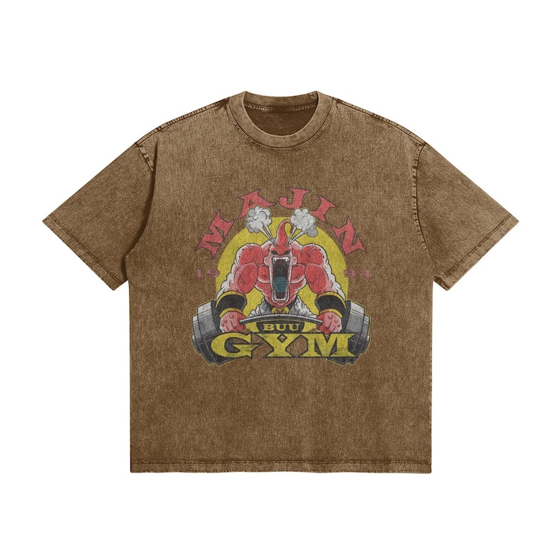 Majin Gym T Shirt Anime Fitness Tee | Manga Inspired Vintage Washed Shirt | Anime Workout Streetwear | Unisex Gift Brown