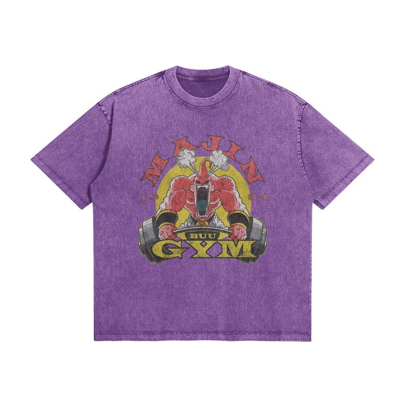 Majin Gym T Shirt Anime Fitness Tee | Manga Inspired Vintage Washed Shirt | Anime Workout Streetwear | Unisex Gift Dark Lavender