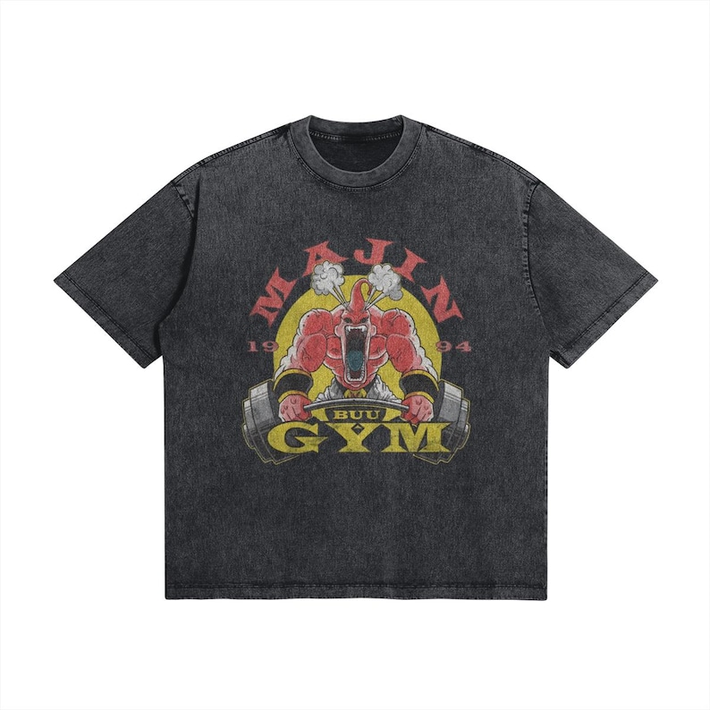 Majin Gym T Shirt Anime Fitness Tee | Manga Inspired Vintage Washed Shirt | Anime Workout Streetwear | Unisex Gift Dark Gray