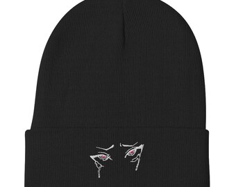 Lewd Beanie | Anime Eyes Bonnet | Cuffed Beanie | Keep Warm Hat | Soft Knit Beanie Cap | Beret Embroidered Anime Girl Unisex Adult Beanie