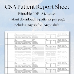 CNA Report Sheet Nursing Assistant Report Sheet UAP 8 Patient Report Sheet Double Sided Day Shift Night Shift Template