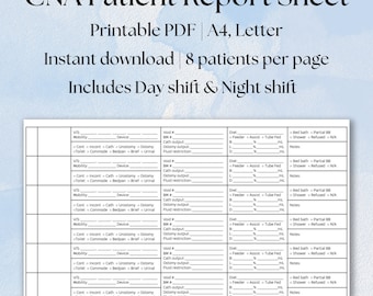 CNA Report Sheet Nursing Assistant Report Sheet UAP 8 Patient Report Sheet Double Sided Day Shift Night Shift Template