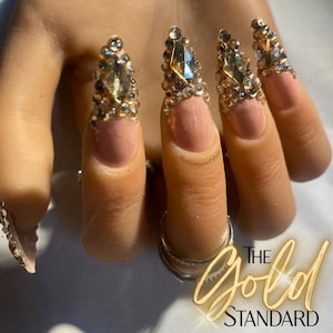 Gold Rhinestone Nails | Luxury custom nails | press-on nails | gel nails | long nails | trendy nails | cute nails | party nails  bling nails