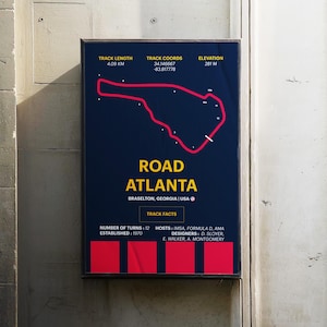 May include: A blue and red poster with a map of the Road Atlanta race track. The poster includes the track length, coordinates, elevation, number of turns, hosts, established date, and designers. The text on the poster reads: "TRACK LENGTH 4.09 KM", "TRACK COORDS 34.146667 -83.817778", "ELEVATION 281 M", "ROAD ATLANTA", "BRASELTON, GEORGIA | USA", "TRACK FACTS", "NUMBER OF TURNS: 12", "HOSTS: IMSA, FORMULA D, AMA", "ESTABLISHED: 1970", "DESIGNERS: D. SLOYER E. WALKER, A. MONTGOMERY".