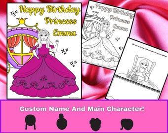 Customized Birthday Princess Coloring Book,  Personalized Princess Coloring,  Custom Name Book, Choose a Character, Gift for Girls Birthday