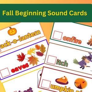 Puede incluir: Cartas de sonido de inicio de otoño con imágenes y palabras para hacer coincidir. Las palabras son "jack-o-lantern", "eaves", "on fire", "itch", "pumpkin pie".