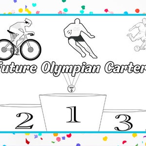 May include: A black and white illustration of a boy riding a bicycle, a boy playing soccer, and a boy playing basketball. The illustration is titled "Future Olympian Carter" and shows the three boys on a podium with the numbers 1, 2, and 3.