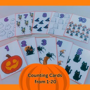 Cartas de contagem de Halloween, cartas de contagem de 1 a 20, contagem com símbolos de Halloween, cartas de reconhecimento de números e quantidades