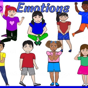 Emoties Clipart, gevoelens van kinderen, kinderemoties clipart, multiculturele kinderen emoties, diverse kindergezichten, kleur-zwart-wit