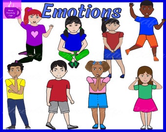 Emotions  Clipart, Kids Feelings, Children's emotions clipart, Multicultural kids Emotions, Diverse Kids Faces, Color-Black-White