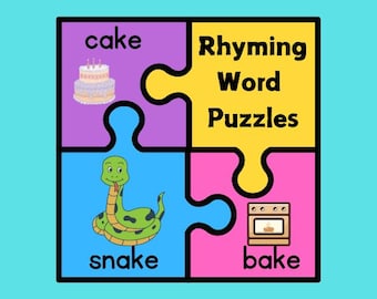Könnte beinhalten: Ein farbenfrohes Puzzle mit vier Teilen. Das obere Teil ist gelb und sagt "Rhyming Word Puzzles". Das linke Teil ist lila und sagt "cake" mit einem Bild von einem Kuchen. Das rechte Teil ist rosa und sagt "bake" mit einem Bild von einem Backofen. Das untere Teil ist blau und sagt "snake" mit einem Bild von einer Schlange.