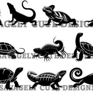 May include: A collection of black and white illustrations featuring reptiles and amphibians, such as iguanas and turtles. The designs are detailed and stylized, suitable for graphic design or decorative use.