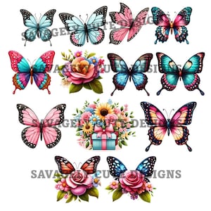 13 digitale Clip Art Bilder- Schöne Schmetterlinge und Blumen - 300DPI transparente Hintergründe - Individuelle Dateien - Kommerziell - SVG inklusive!