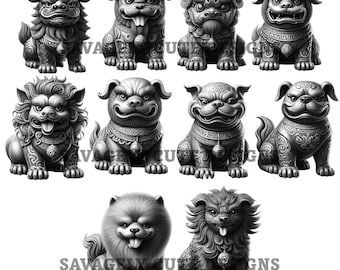 10 Creatively Cool Chinese Foo Dog Black and White Digital Images - 300DPI - PNG & SVG - POD Printing / Cricut - Detailed Design