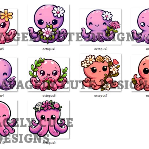 10 Digital Clip Art Images - Kawaii Octopi - 300DPI Transparent Backgrounds - Individual files -Commercial- Sea Life Lovers - Mother's Day!