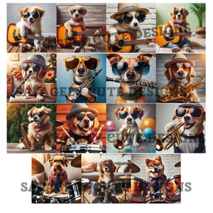 Puede incluir: Un collage de 12 imágenes con perros tocando instrumentos musicales. Los perros llevan gafas de sol y sombreros. Los instrumentos incluyen una guitarra, un saxofón, una trompeta, un clarinete y una batería.